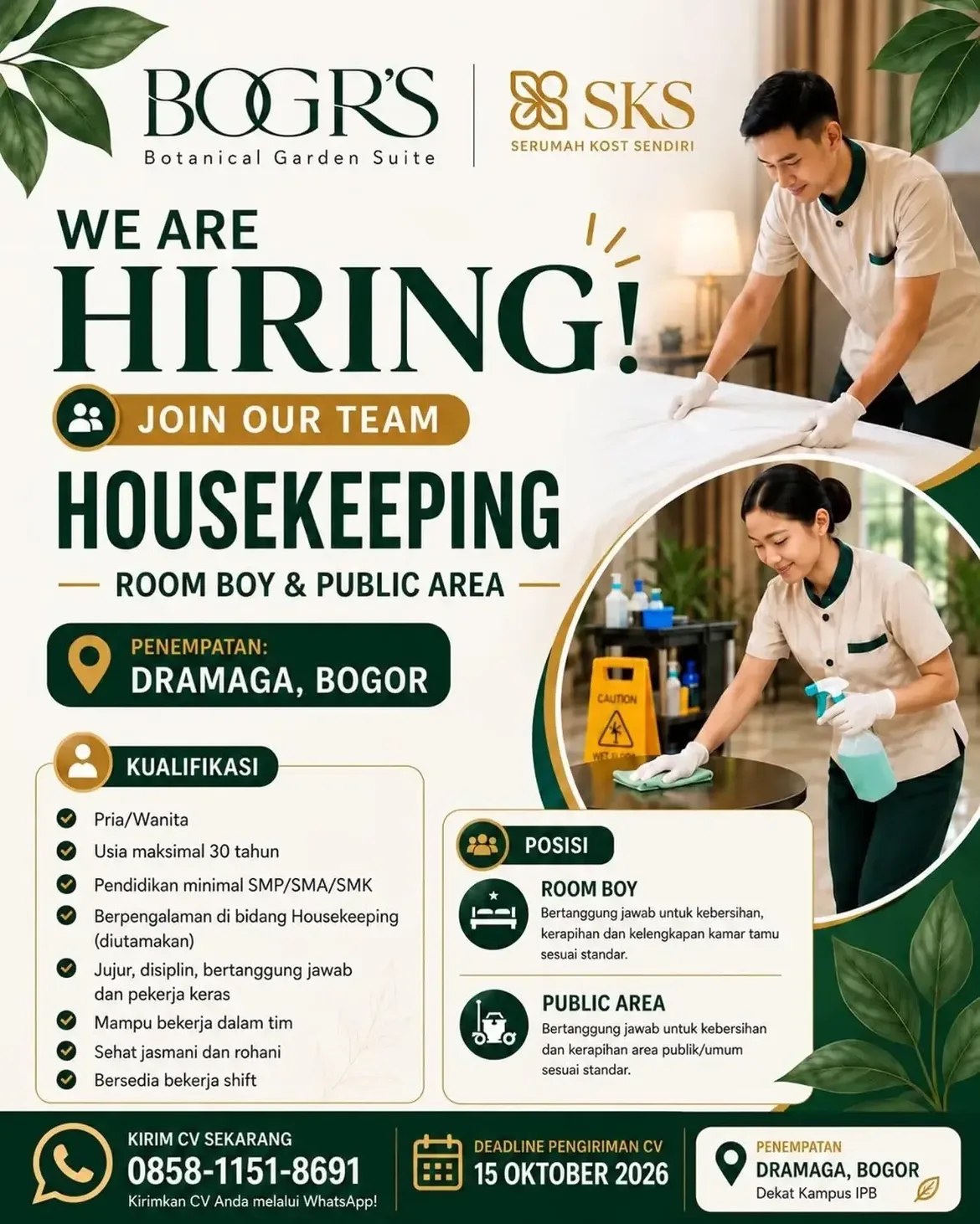 Lowongan Kerja Cashier, Cleaning Service, Commis, Hostess, Runner, Steward & Store Keeper di Kota Bogor & Kabupaten Bogor